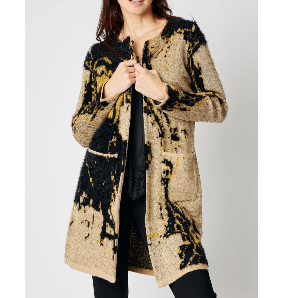Angeleno Abstract‎ Print Fuzzy Trim Open Front Long Cardigan Sweater Women L